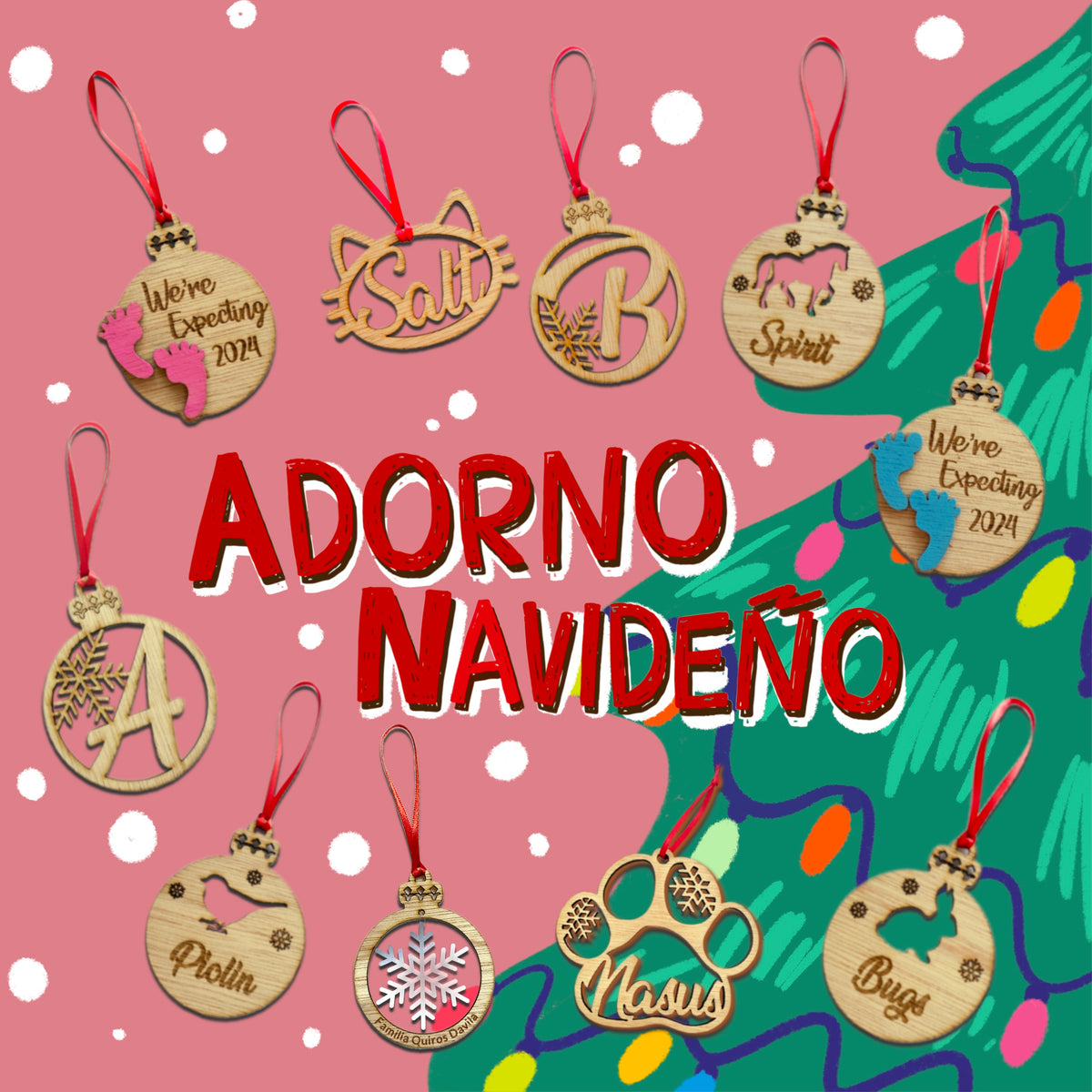 Decorative Christmas ornaments with names on a pink background with Christmas tree and lights.
